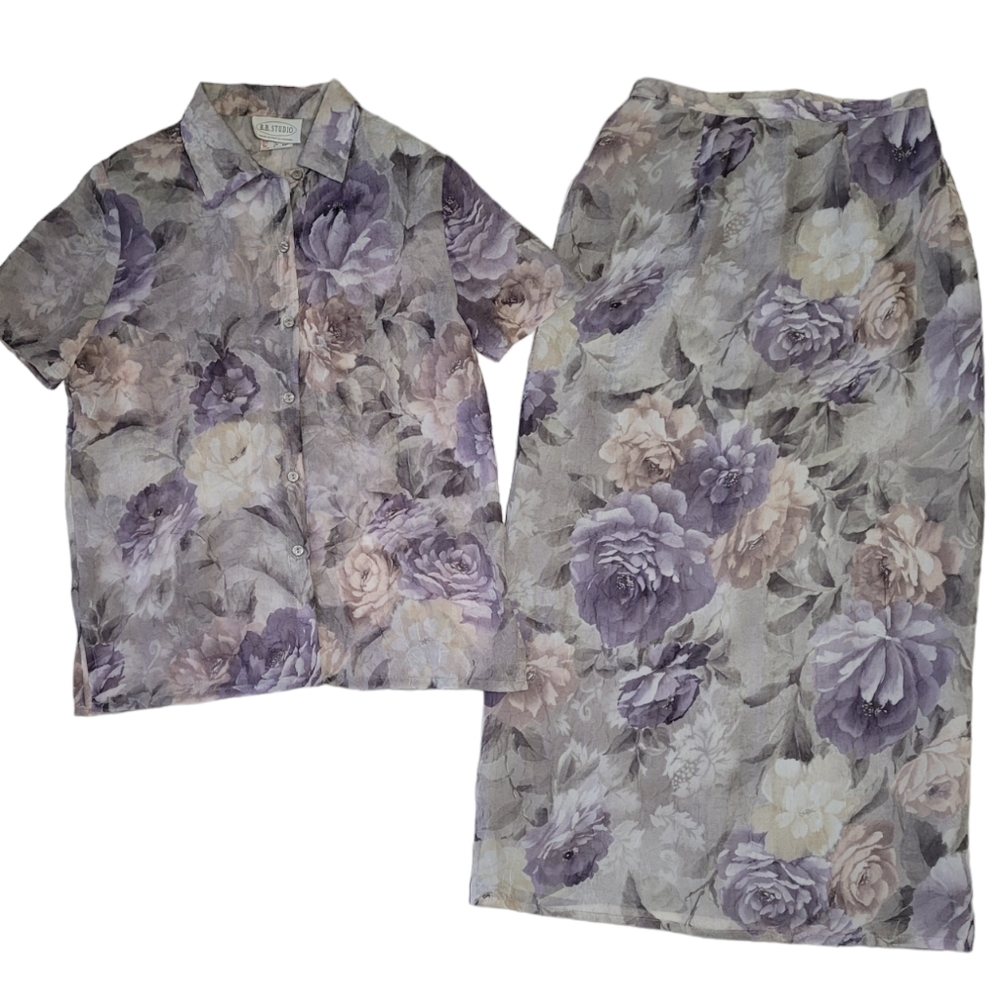 🌸 Vtg. 90's Crinkled Floral Blouse and Skirt Set